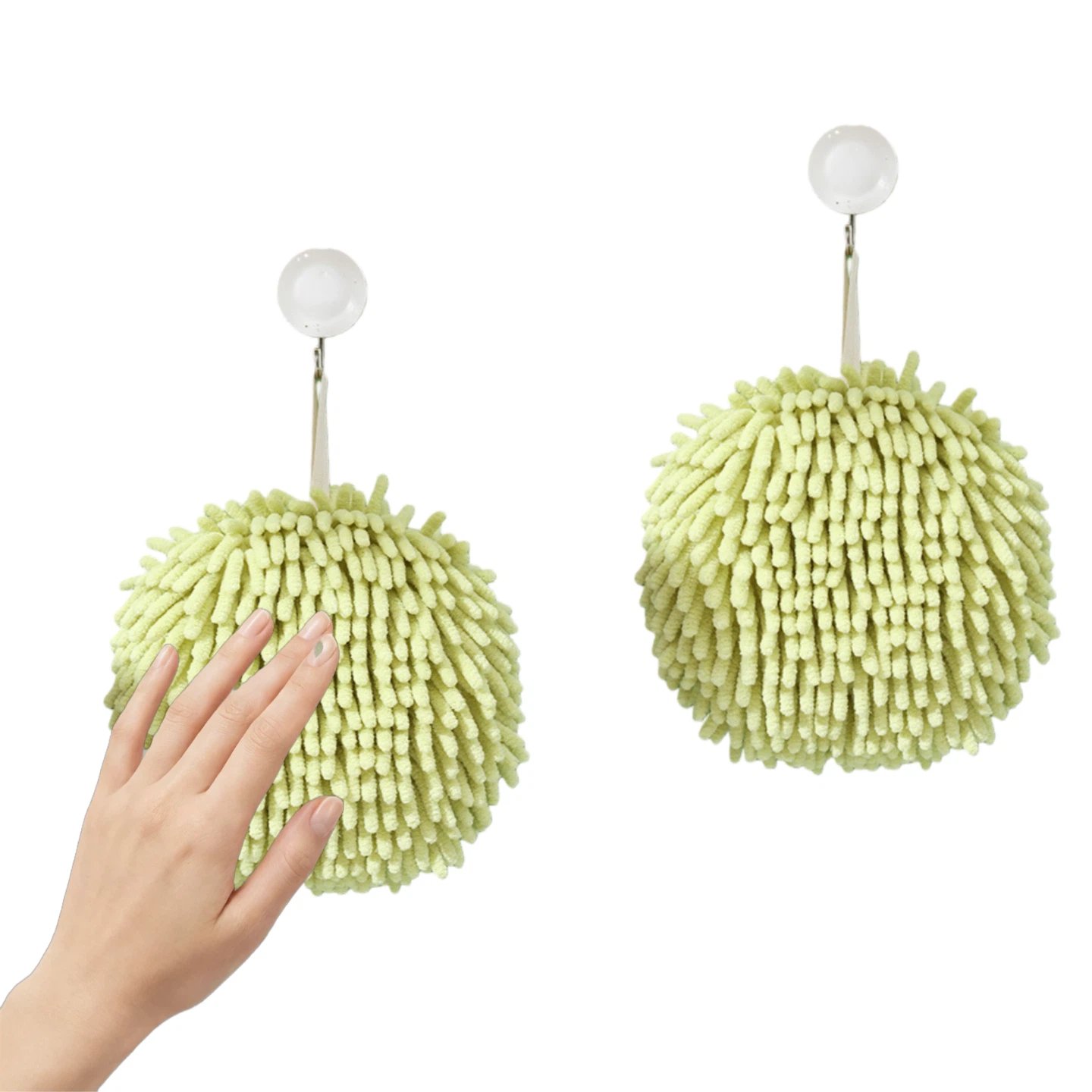 Light Green Chenille Fuzzy Ball Hand Towel 2-Pack with Hanging Loop