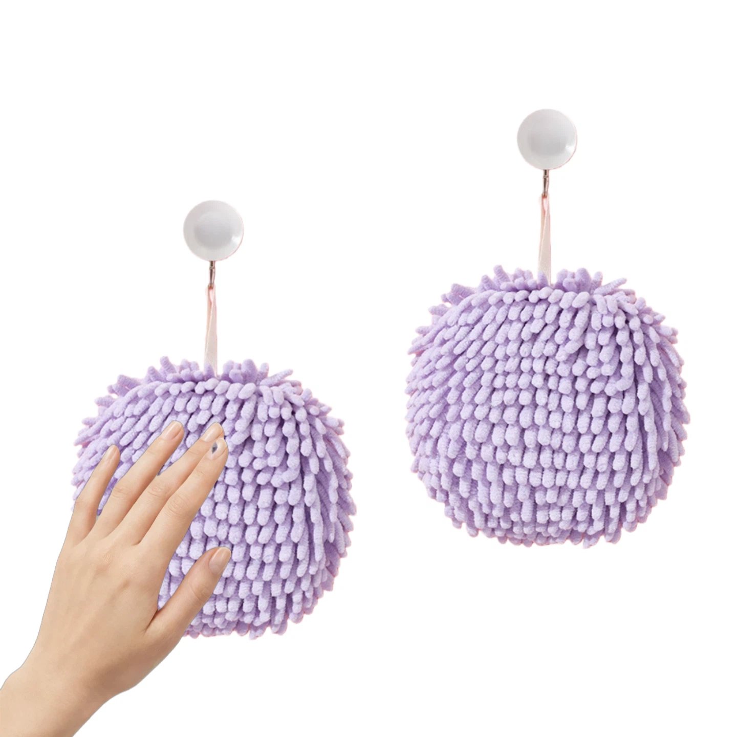 Purple Chenille Fuzzy Ball Hand Towel 2-Pack