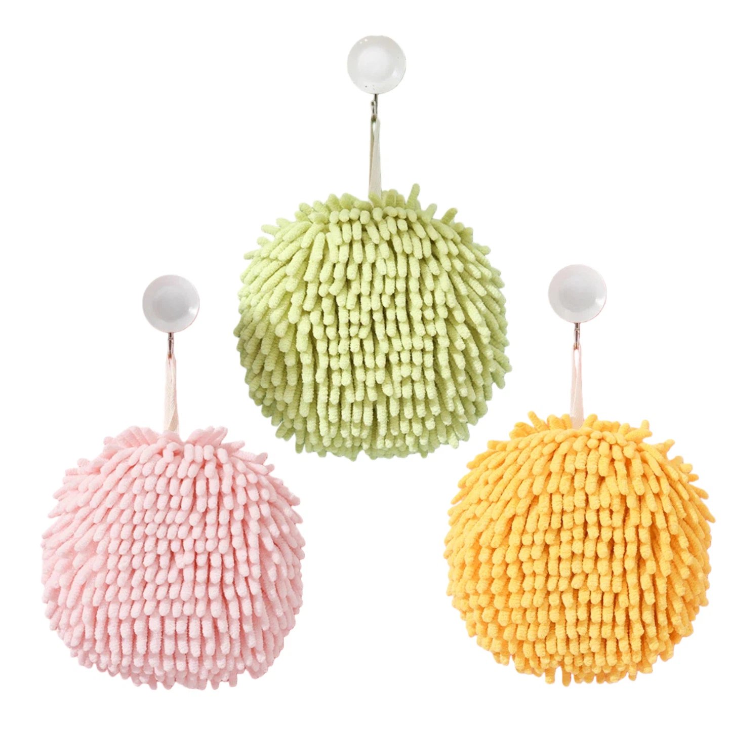 Chenille Fuzzy Ball Hand Towels Set of 3 (Yellow, Light Green, Pink)